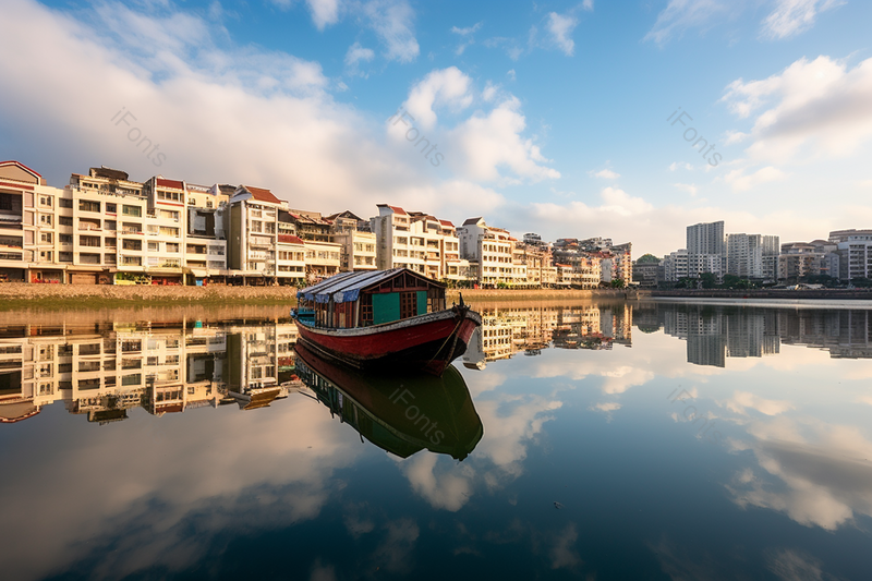 设计素材元素城市建筑水面上船和楼房的倒影,高清,摄影图,摄影图片,图片大全,摄影图免费下载